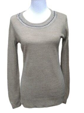 Debbie Morgan Tan Sweater Embellished Neckline Thin-Knit Light Brown